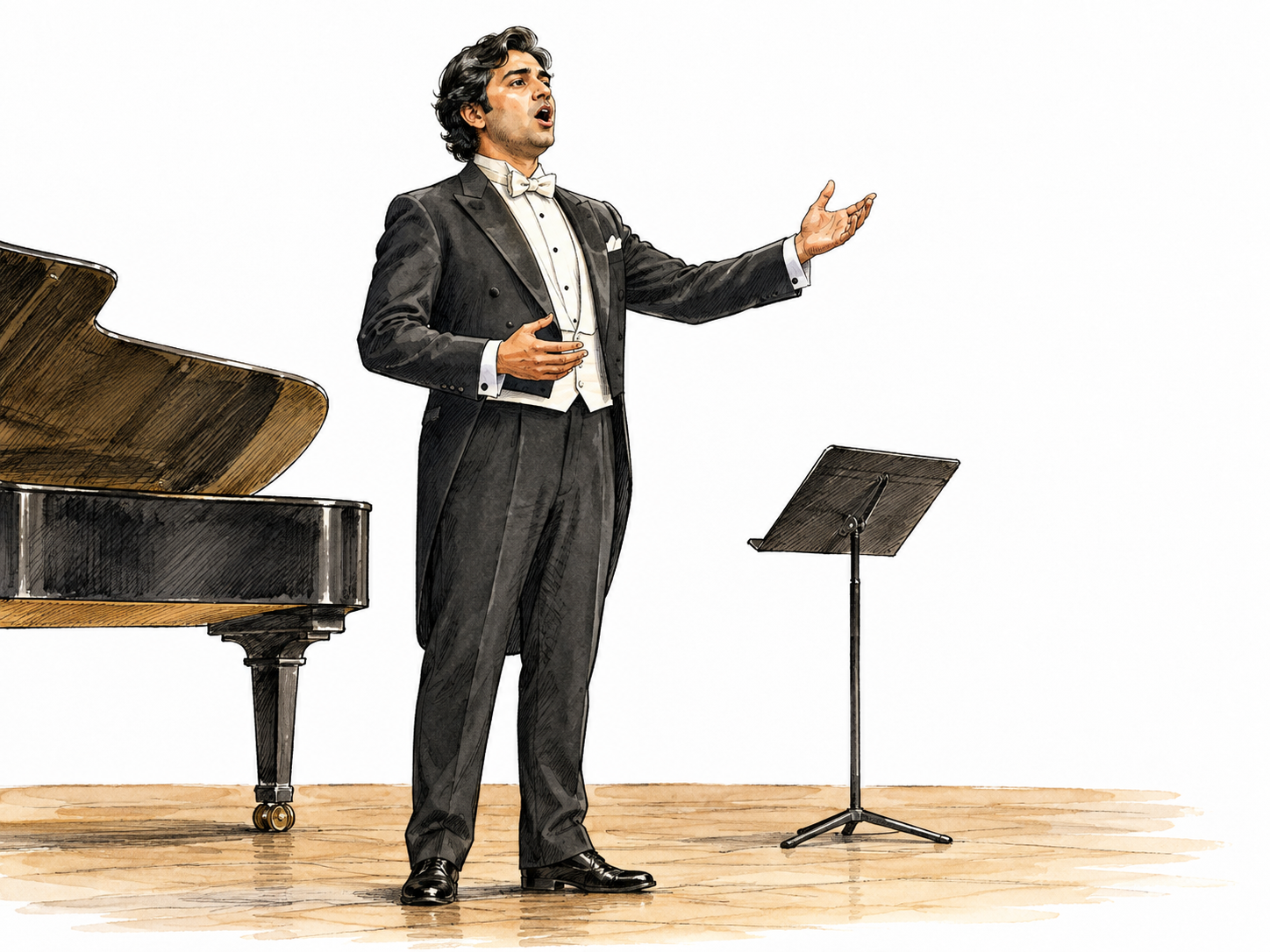 A South Asian male tenor sings on a simple concert stage with upright controlled posture.
