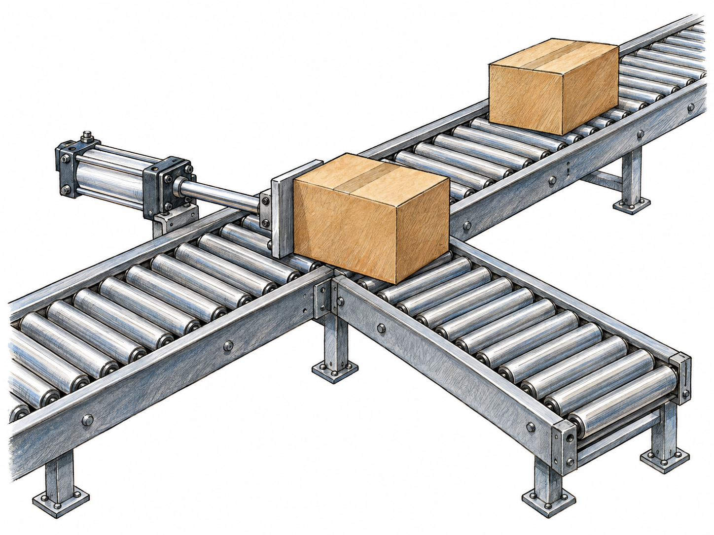 A mechanical pusher shunts a cardboard carton sideways off a straight conveyor onto a perpendicular roller spur.
