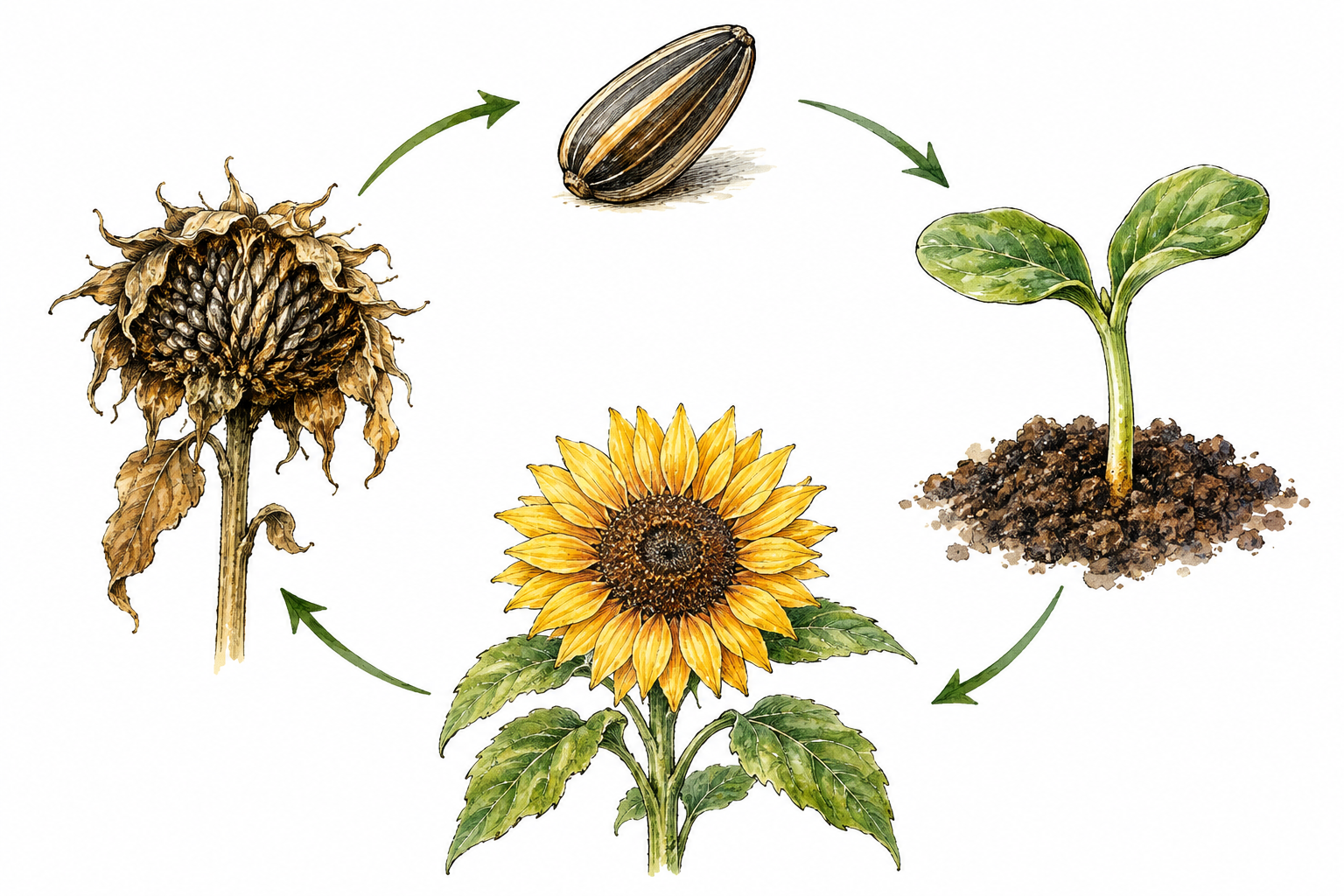Four natural vignettes arranged in a circle show seed, sprout, flowering plant and seedpod, simple curved arrows connect repeated growth cycle, no text.