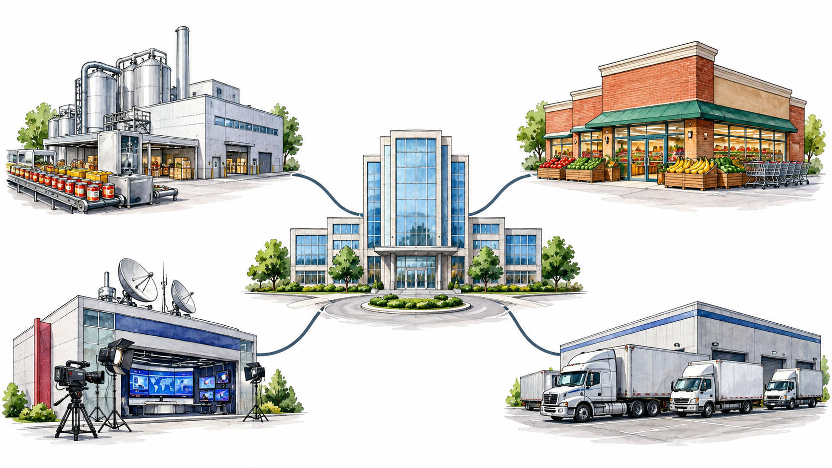 Corporate organization with central headquarters connected to distinct grocery factory media and transport businesses, simple clear diagram without labels.