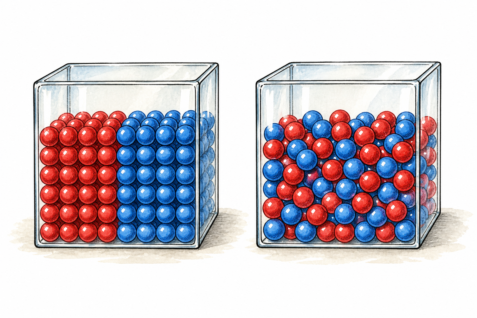 Two identical transparent boxes side by side containing equal numbers of red and blue beads: left neatly separated by color, right randomly mixed throughout, no words or labels; clear comparison of order versus randomness.