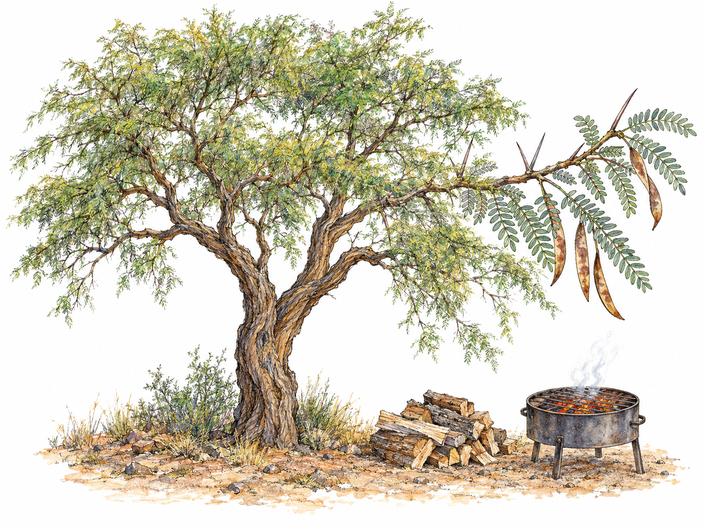 A thorny mesquite tree in sparse southwestern terrain, with a close foreground branch showing its paired leaflets and thorns.