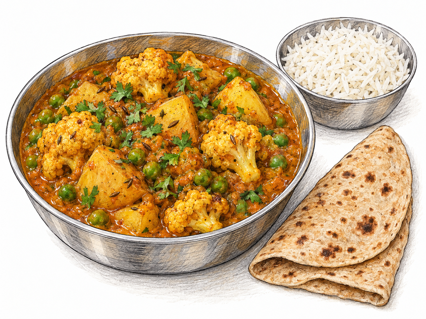 A shallow serving bowl of South Asian vegetable curry, with vegetables in a thick orange-brown spiced sauce, accompanied by a small portion of basmati rice and folded roti.
