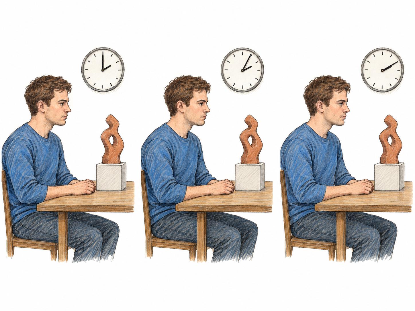 Three small sequential views show the same young man maintaining an unwavering, wide-eyed gaze at a small sculpture while a clock’s hands advance.