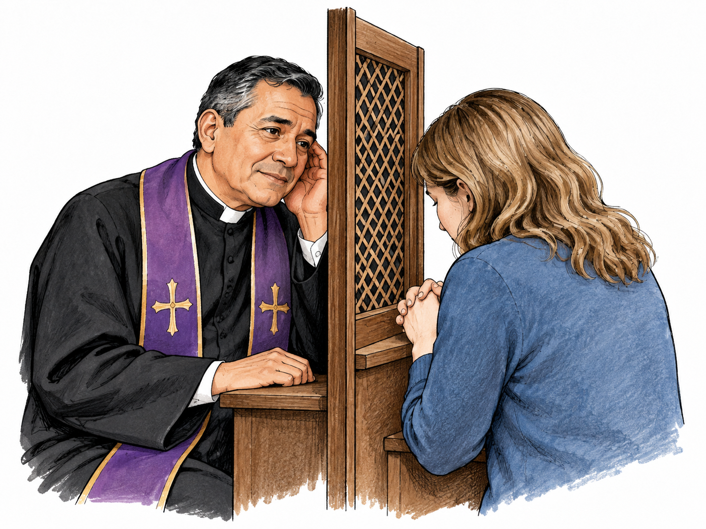 Catholic priest hears adult confession through simple confessional lattice, stole and calm listening posture, nonjudgmental scene.