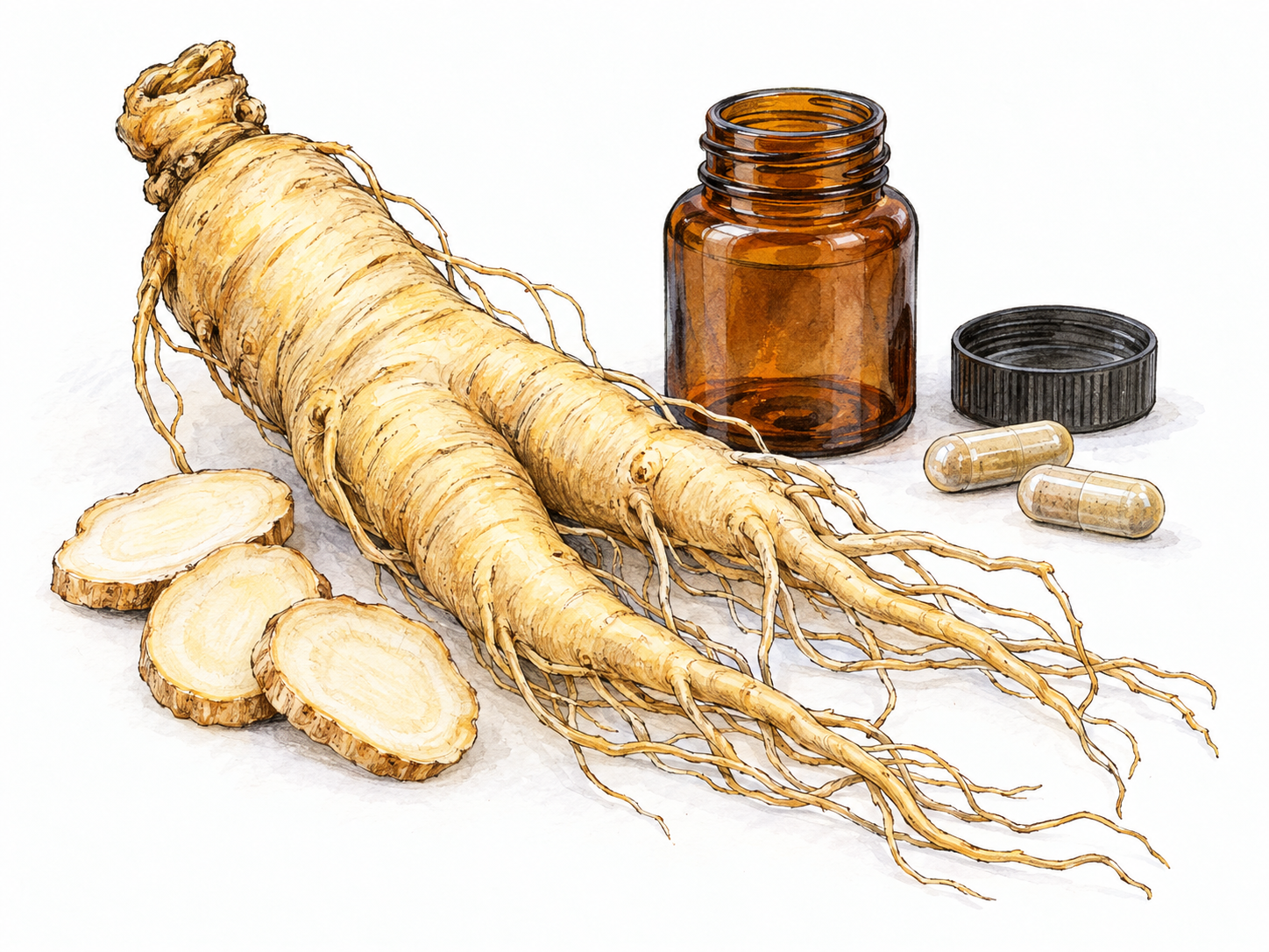 A recognizable whole ginseng root beside several thin root slices and a small open, unmarked supplement bottle with a few capsules, connecting the medicinal plant material with its herbal-supplement use.