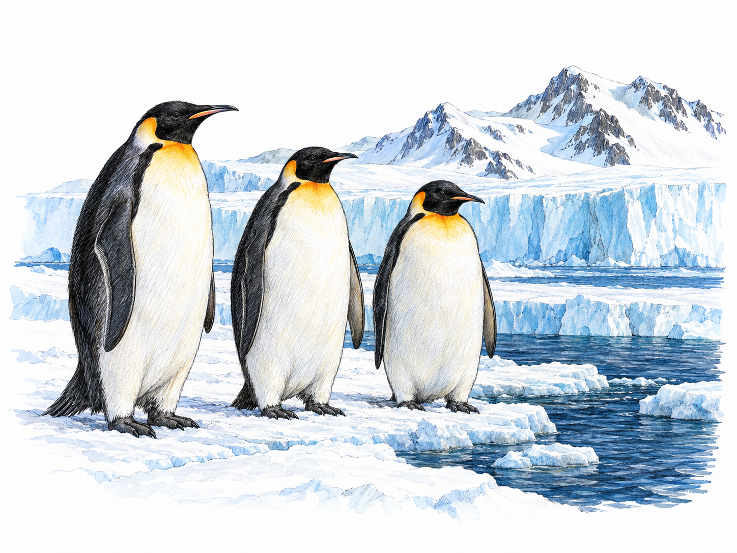 A recognizable Antarctic coastal landscape: emperor penguins on sea ice beside a blue-white ice shelf, with bare, snow-covered mountains behind them.