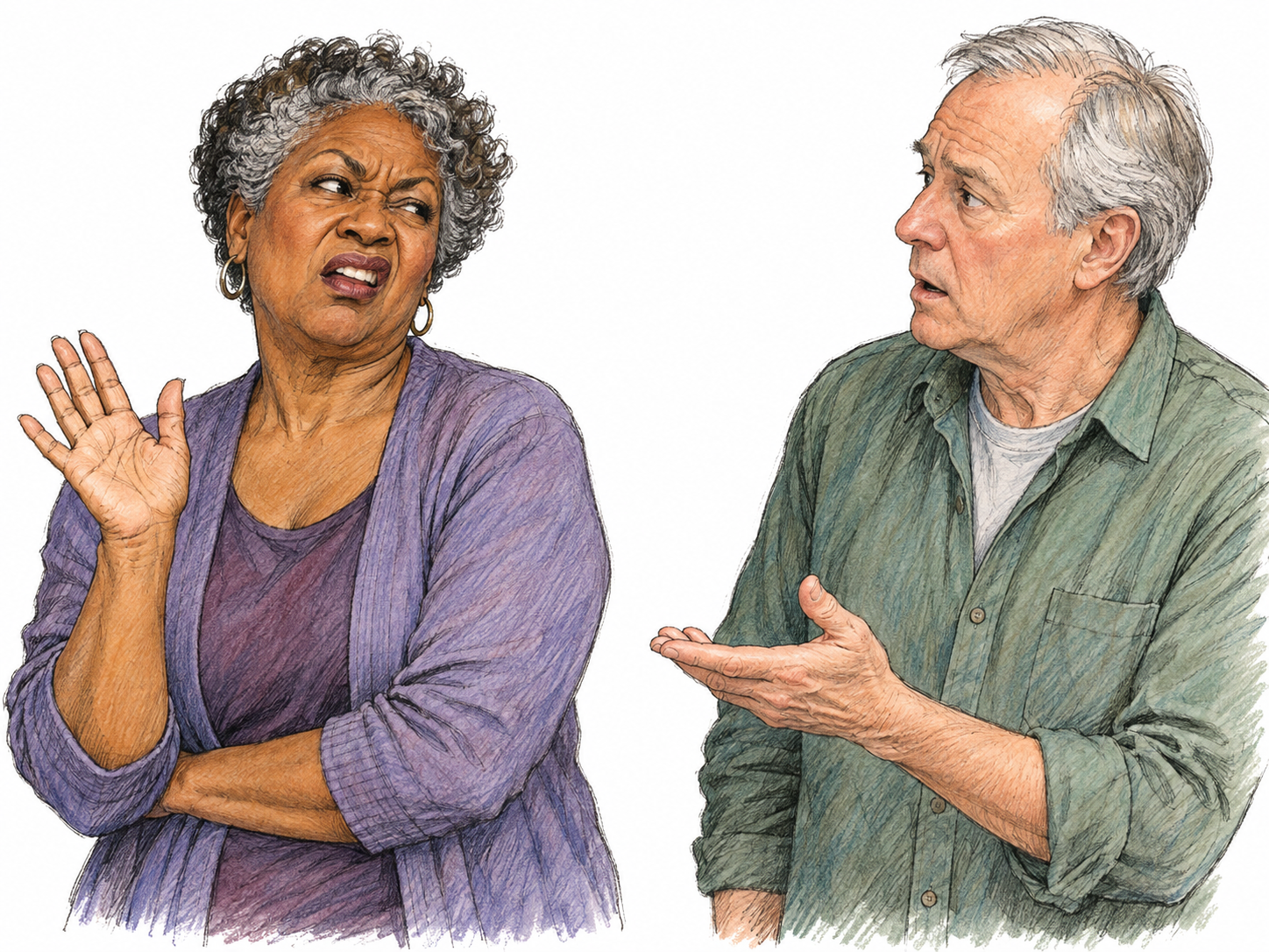 An older woman responds to an older man's earnest suggestion with plainly mocking disbelief: she speaks with a crooked sneer, raised eyebrow, and dismissive palm while he pauses mid-gesture.