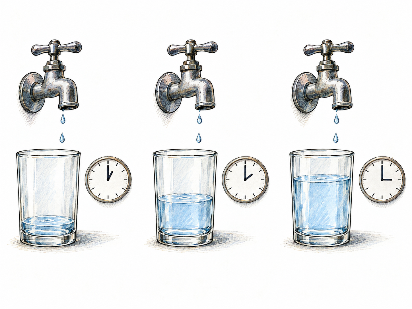 Three successive views of the same clear vessel beneath a slowly dripping tap show water gradually accumulating.