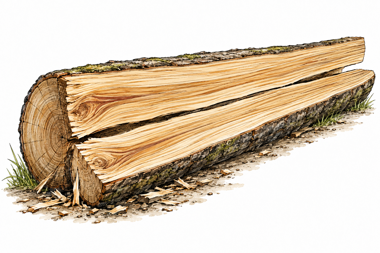 A long wooden log split along its full length reveals continuous grain from end to end, lengthwise direction clear, no labels.