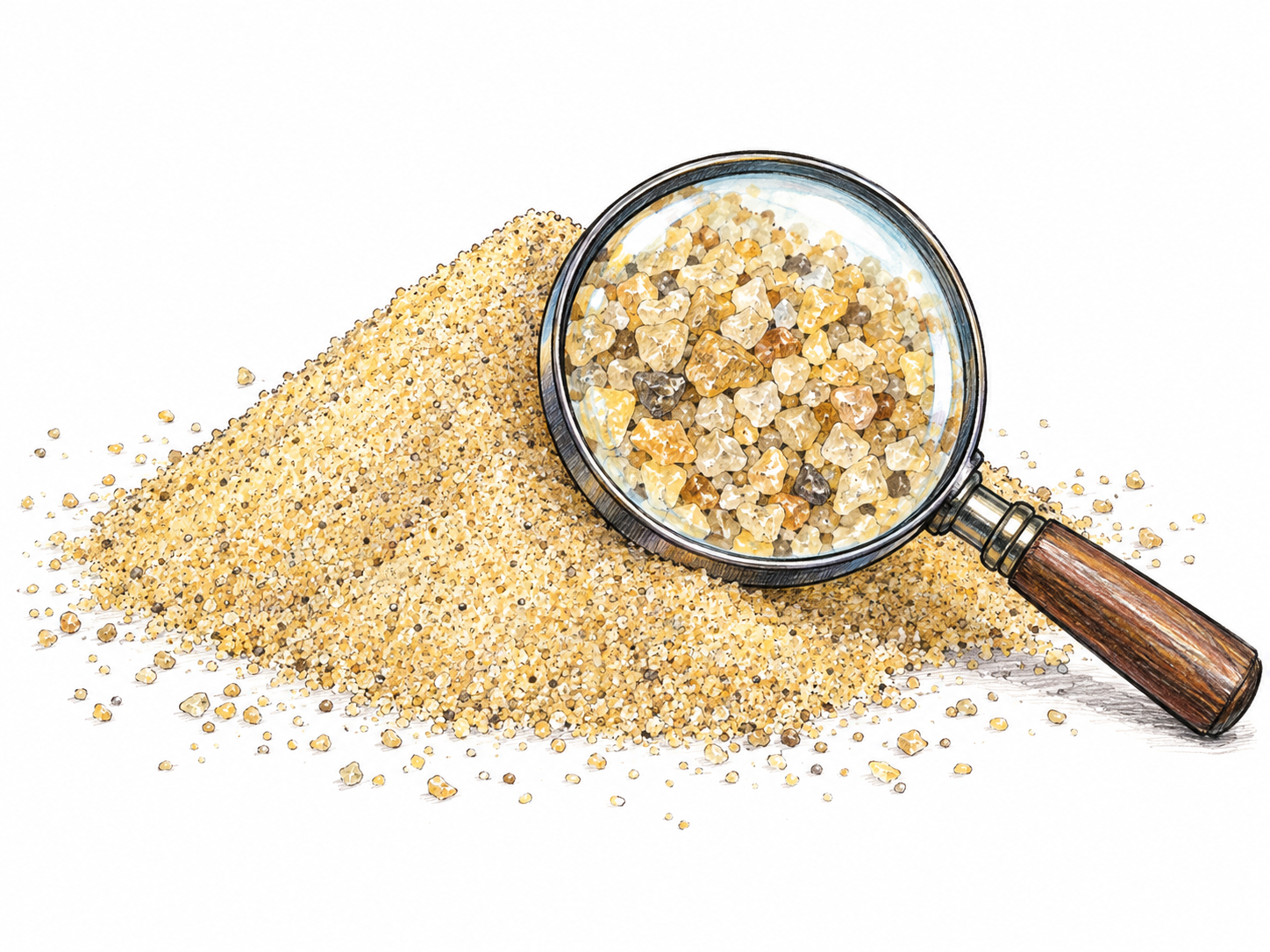 A small mound of fine sand with scattered individual grains, viewed through a magnifying glass that clearly reveals the separate tiny particles composing the mound.