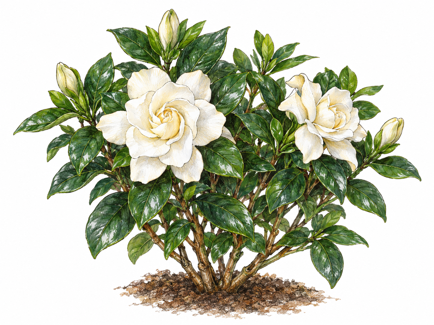 A compact gardenia shrub with glossy dark-green leaves, creamy-white layered blossoms, and a few tapered buds, shown clearly enough to recognize its botanical features at card size.