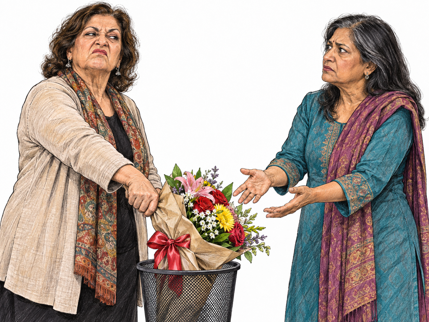 An older woman deliberately pushes a freshly offered bouquet into a wastebasket while looking contemptuously at its giver.