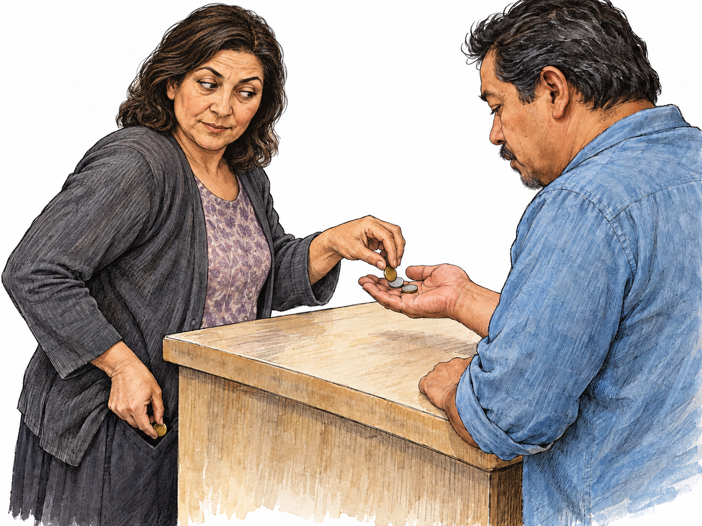 A seller slyly keeps back one coin while handing a customer his change, illustrating a small, deliberate swindle.