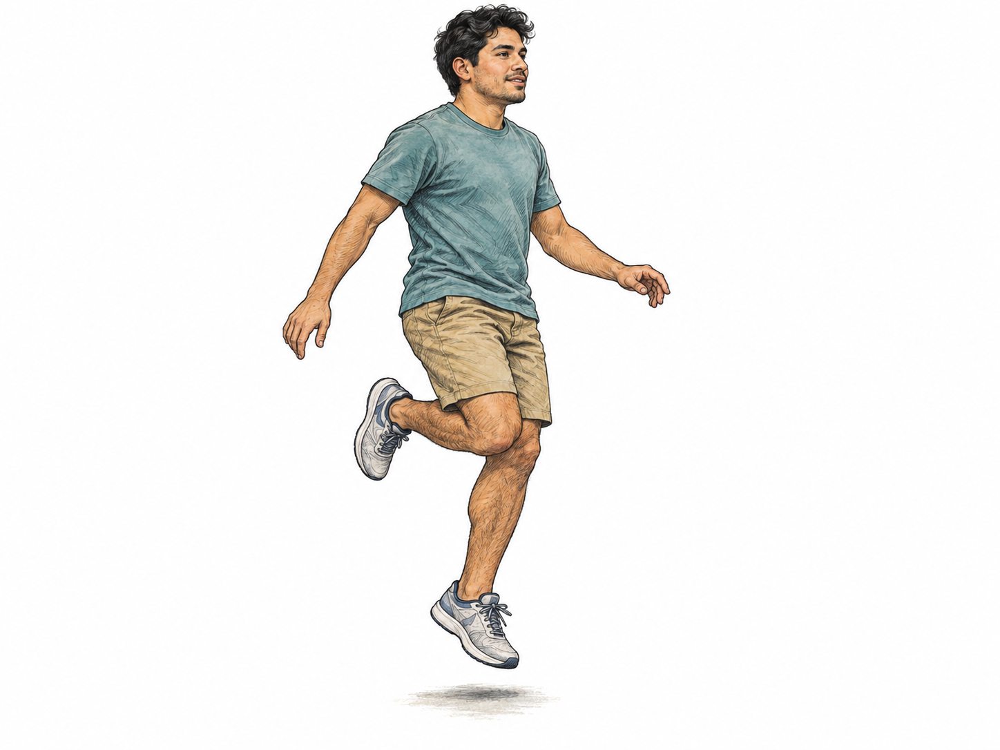 A young adult man makes a small one-foot hop, suspended just above the ground with the other leg folded back.