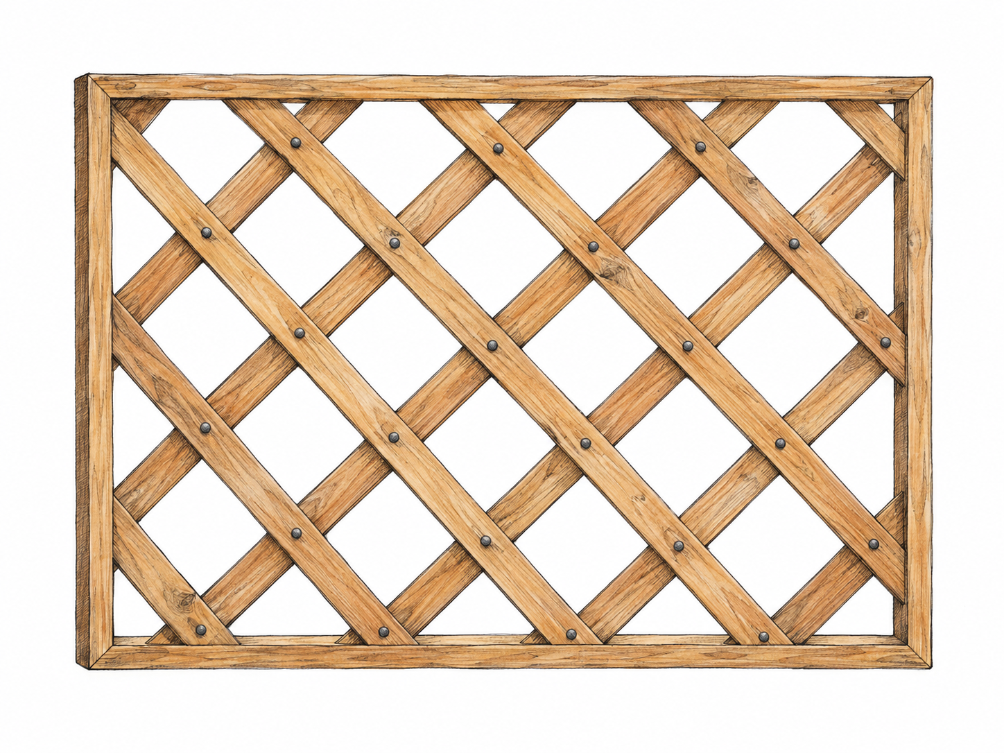 An isolated wooden lattice panel with two crossing sets of narrow diagonal strips, clearly forming open diamond-shaped gaps.