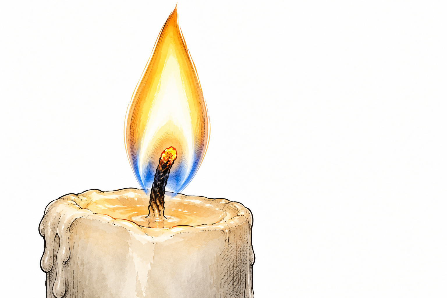 Close detailed candle flame with blue base and golden glowing tip, candle wick visible, no text.