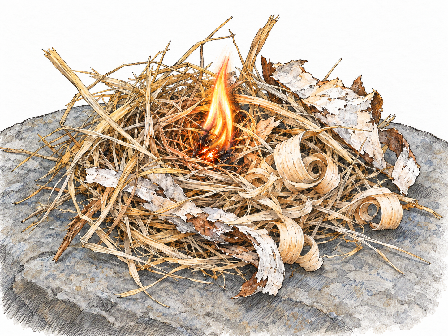 A close-up of a loose nest of dry grass, fine wood shavings, and shredded bark catching a small flame, with the dry, unburned fibers still clearly visible.