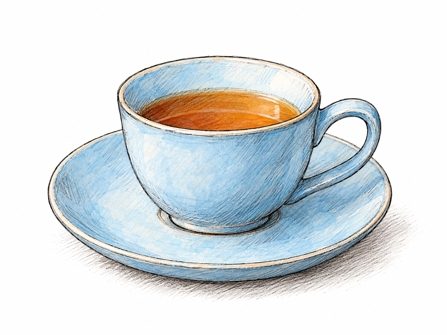 A small shallow ceramic saucer beneath a matching teacup, viewed obliquely so its broad exposed rim and low profile are unmistakable.
