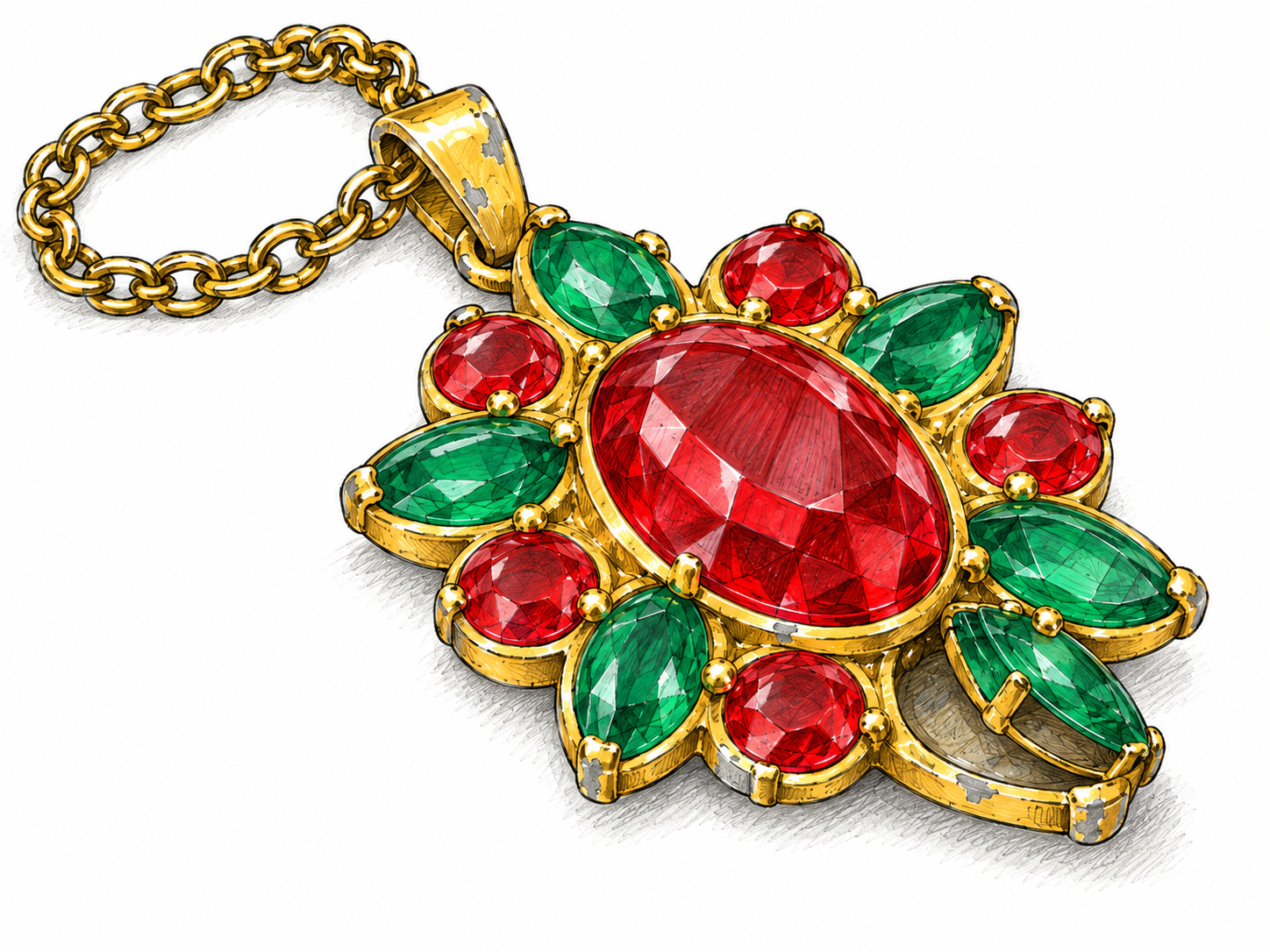 A gaudy costume-jewelry pendant with oversized colorful imitation gems, a lightweight stamped-metal setting, and chipped gold-colored coating exposing dull base metal: flashy decoration visibly made from cheap materials.