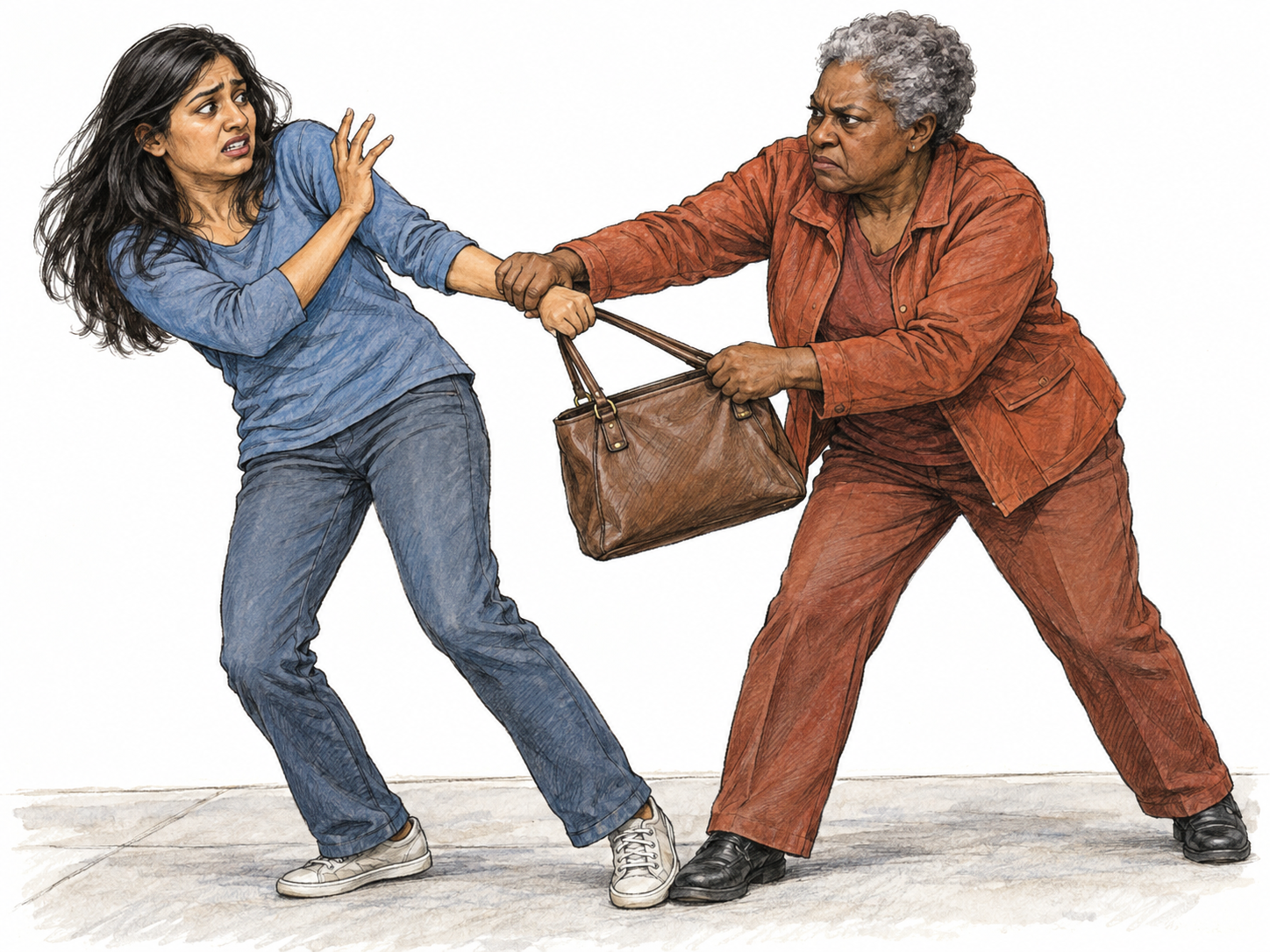 An older woman forcibly takes a younger woman's handbag while gripping her wrist; the younger woman recoils and tries to retain the bag.