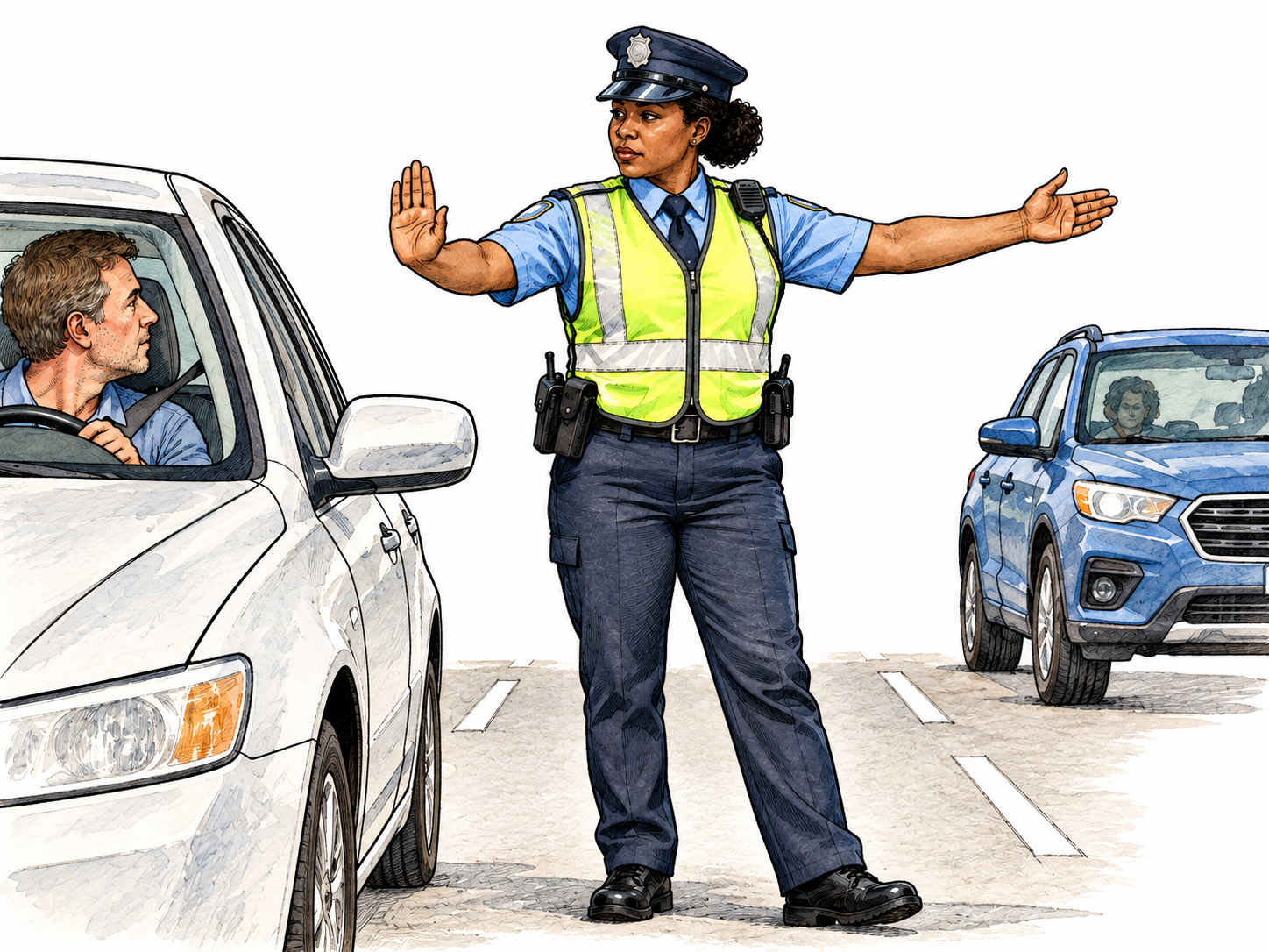A uniformed traffic officer directs a driver to stop while allowing another lane to proceed; recognized authority to make decisions, no confrontation.