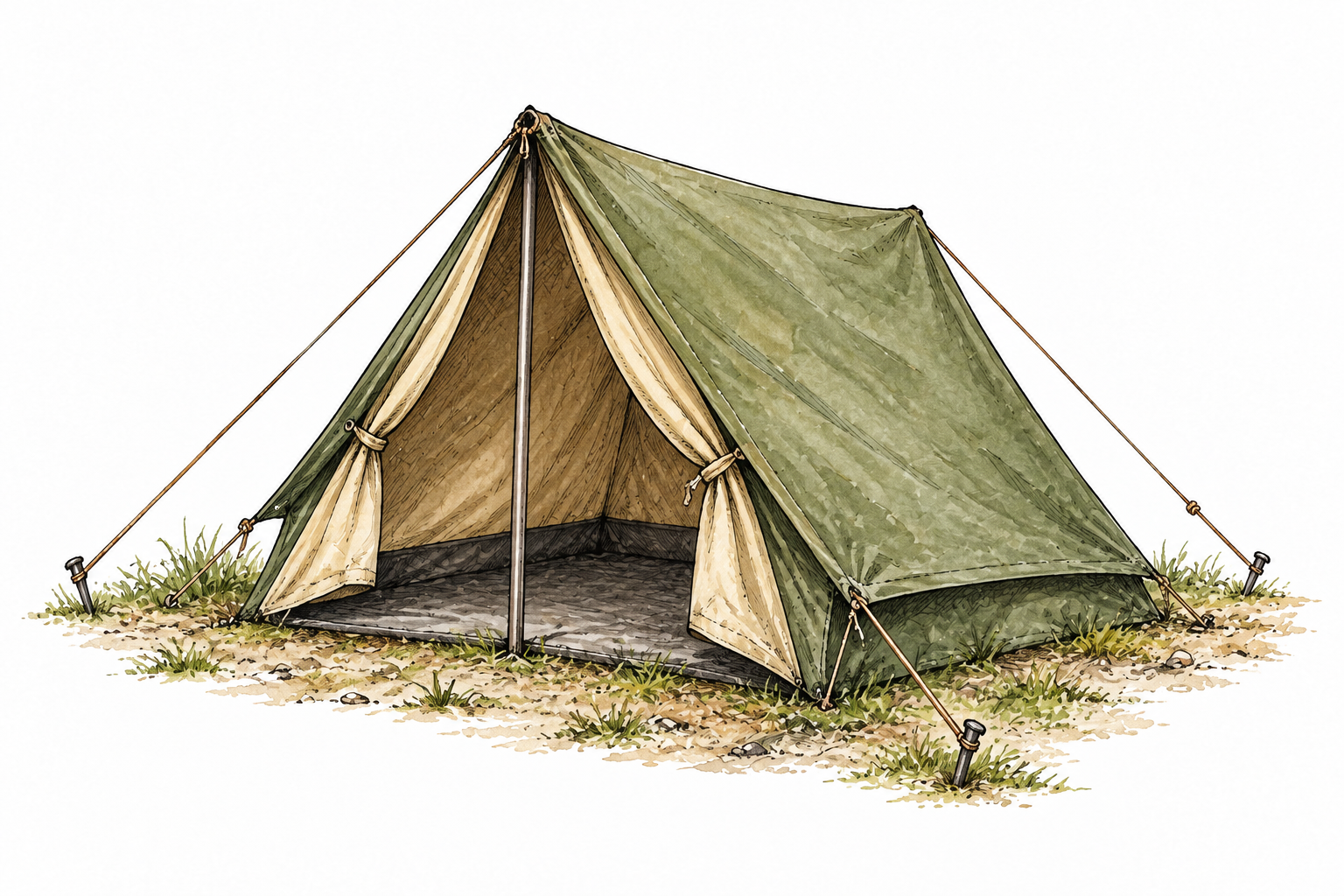 A simple camping tent made of fabric stretched over poles, stakes and guy lines anchored in ground, realistic outdoor shelter.