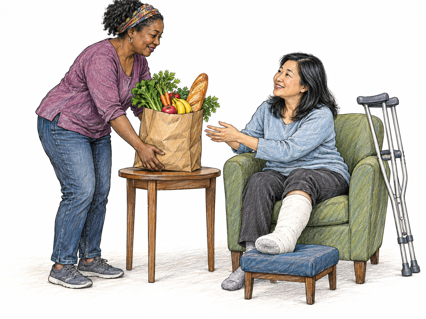 A woman brings groceries to another woman recovering from a leg injury, visibly providing practical help and resources.