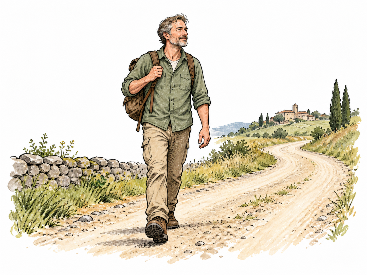A wandering adult with a small worn backpack walks an unfamiliar country road without settled home, dignified expression and practical clothes, no caricature or begging stereotype.