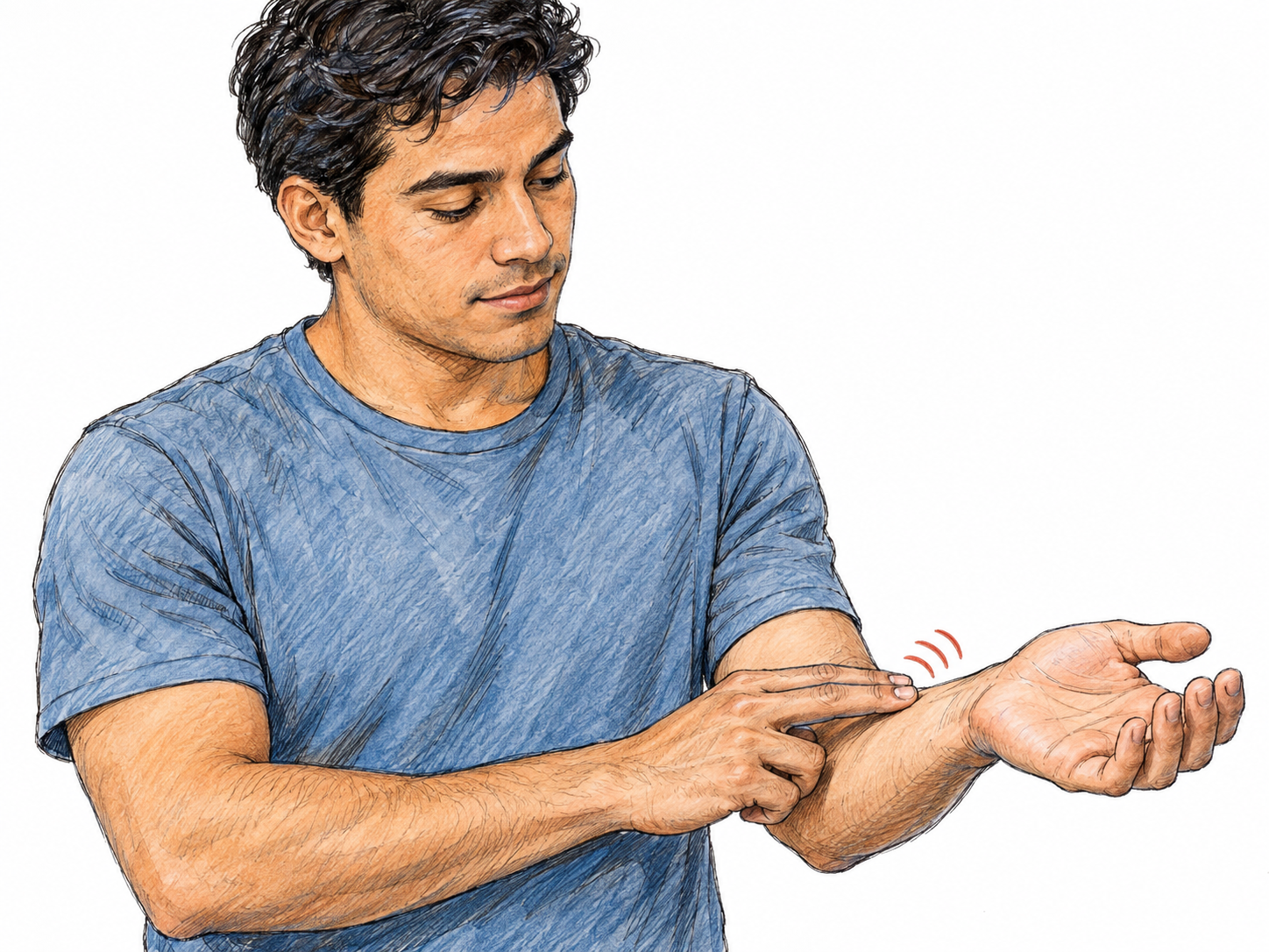 A young adult Latino man feels the strong, steady pulse at his wrist with two fingertips; small, evenly spaced curved motion marks emphasize the rhythmic beat.