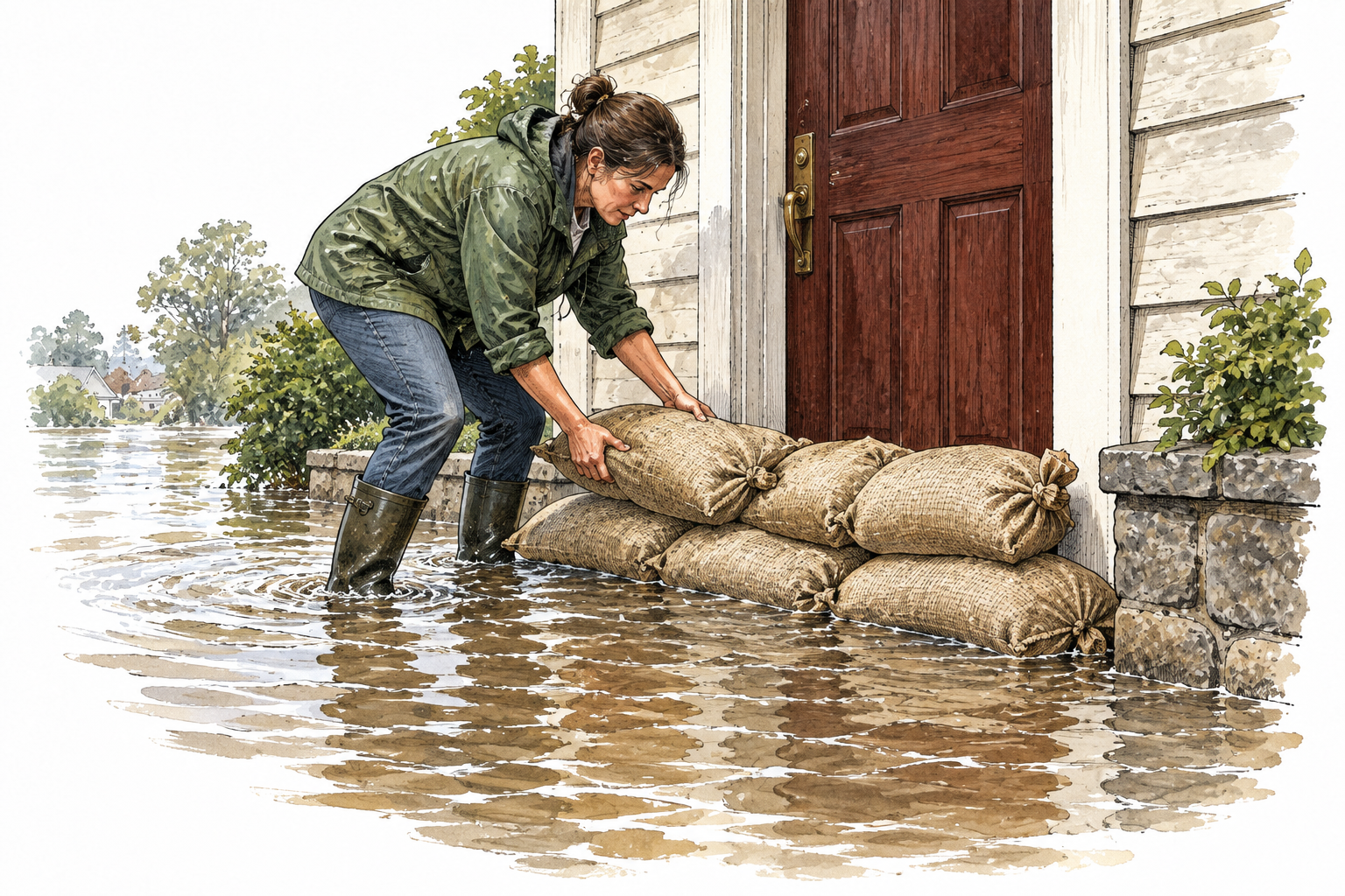 A homeowner uses sandbags to stave off approaching floodwater from the doorway, safely delaying unwanted water.