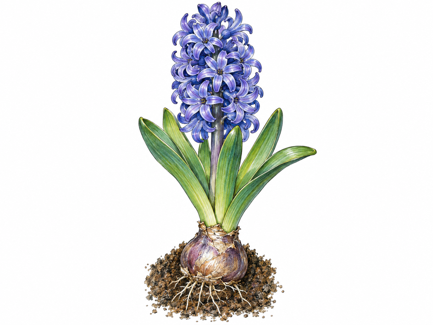 A flowering garden hyacinth with a dense violet-blue flower spike, fleshy strap-shaped leaves, and its bulb visible at the edge of a small cutaway soil clump.