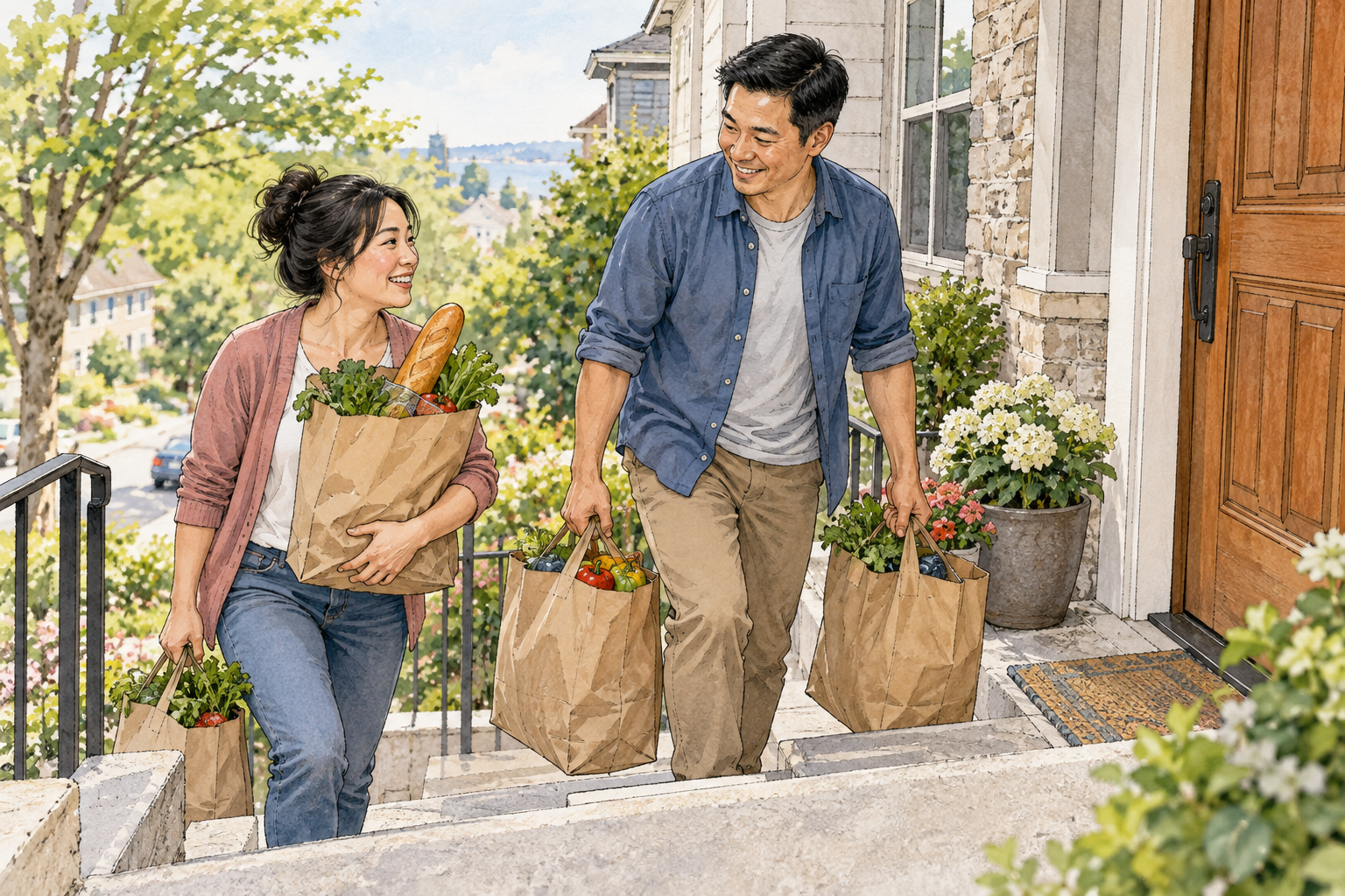 A neighbor willingly helps carry another's heavy grocery bags up steps, friendly obliging action.