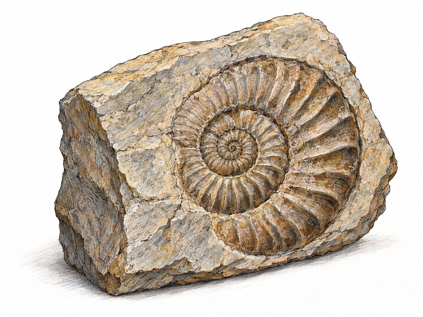 A single split sedimentary stone slab containing a clearly preserved, ribbed spiral ammonite fossil, showing ancient animal remains embedded in rock.