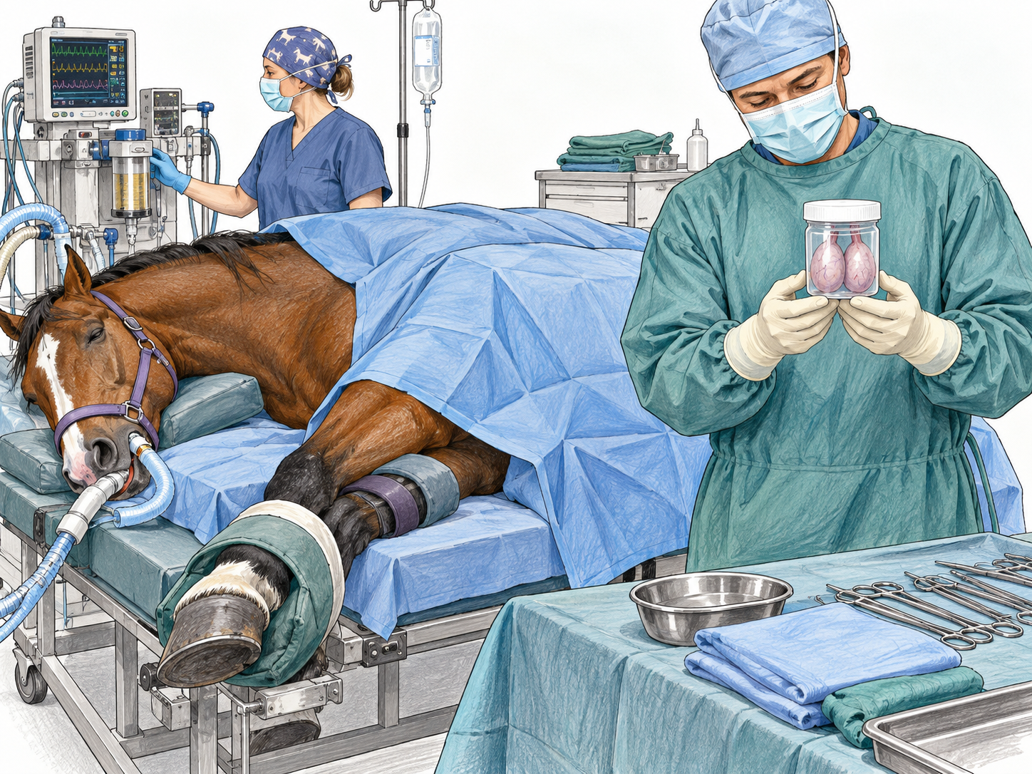 A horse undergoing non-graphic veterinary castration.