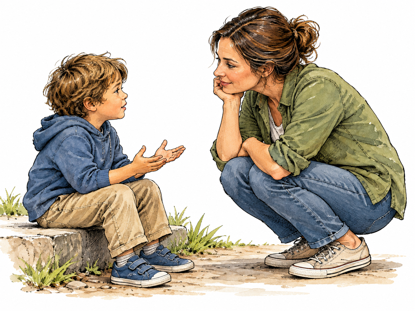 A caregiver lowers herself to a child's level, listens carefully and adapts her response.