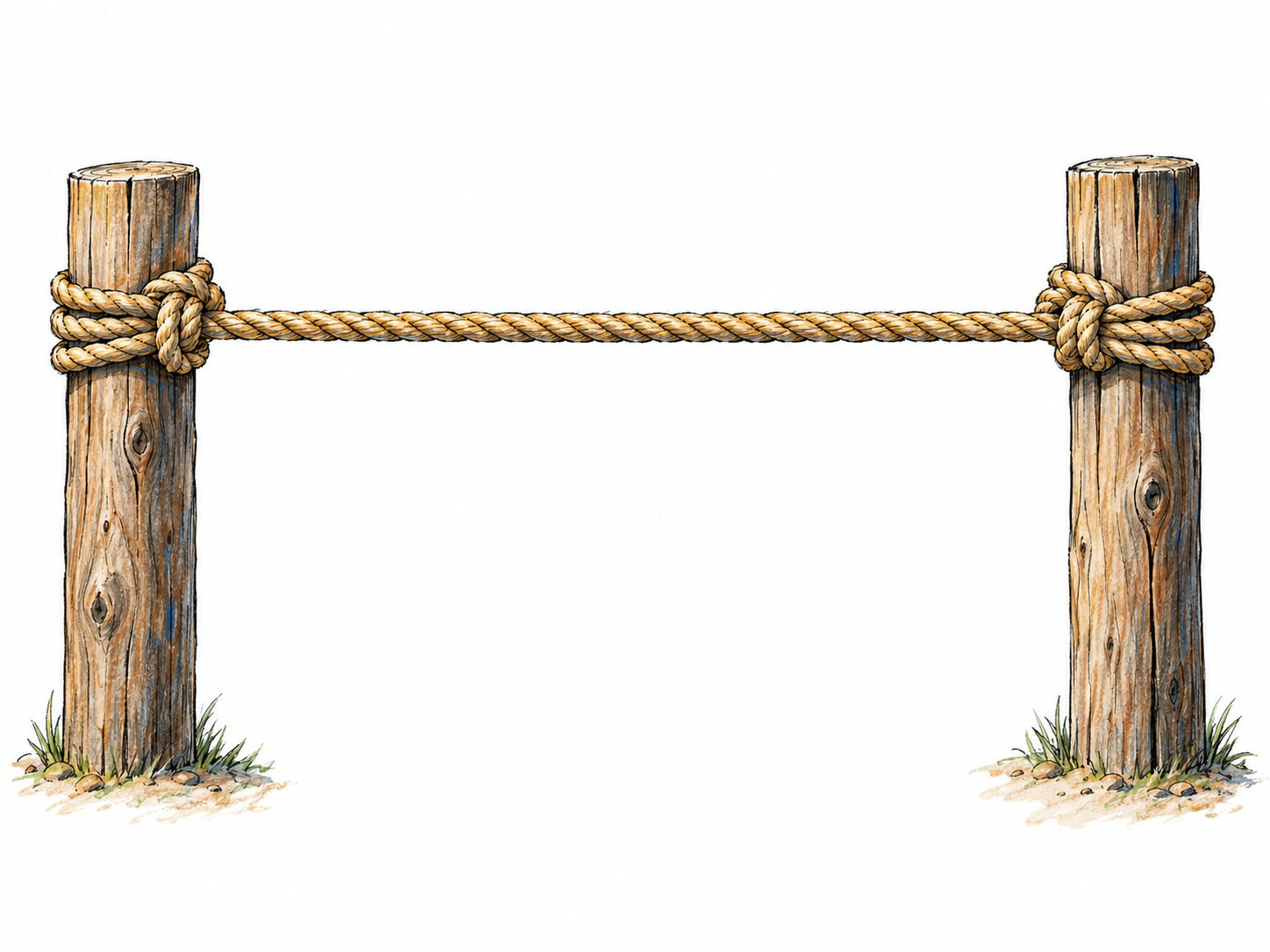 A rope stretched firmly between two sturdy wooden posts, its straight horizontal span and tight knots clearly showing tension without sag.