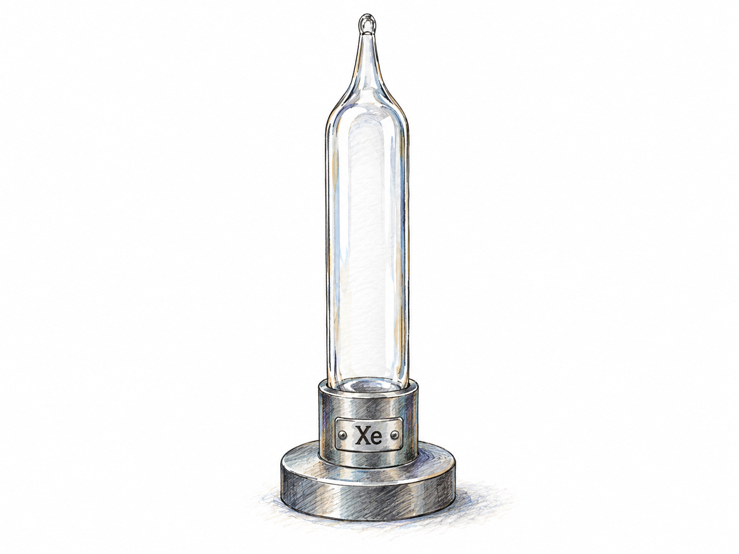 A sealed transparent laboratory ampoule containing colorless xenon gas, held upright in a small simple stand.