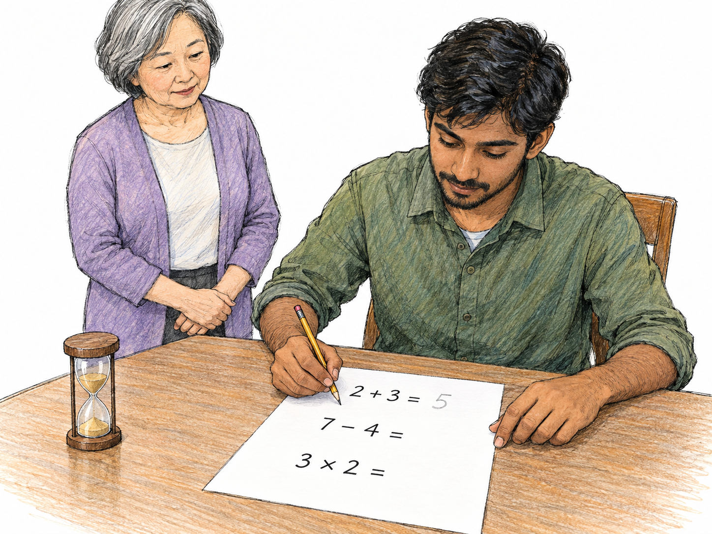 A compact arithmetic quiz dominates the foreground while its student works independently and an instructor monitors a small desk timer.