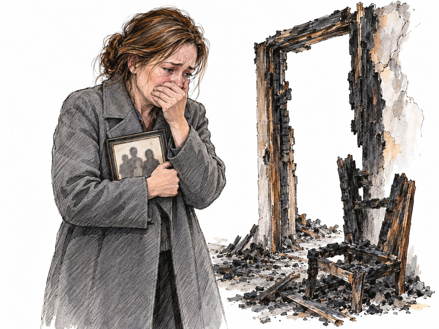 A distressed adult stands beside a small charred doorway fragment, clutching a soot-stained family photograph against her chest and covering her mouth, eyes wet and shoulders collapsed.