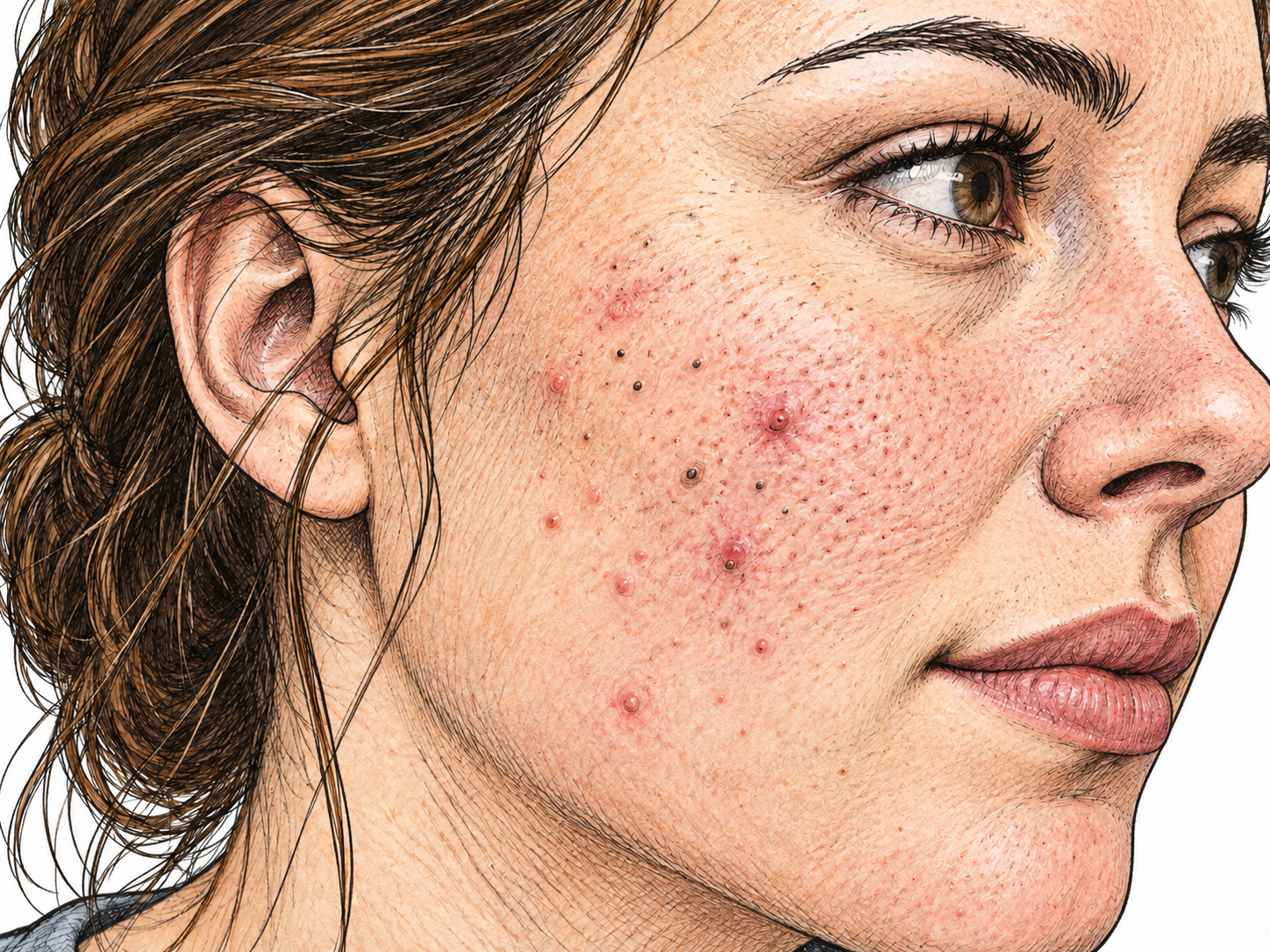 A respectful close view of an adult cheek shows several small pimples, blackheads and inflamed pores drawn with visible pen hatching; no pus extrusion, treatment or shaming expression.
