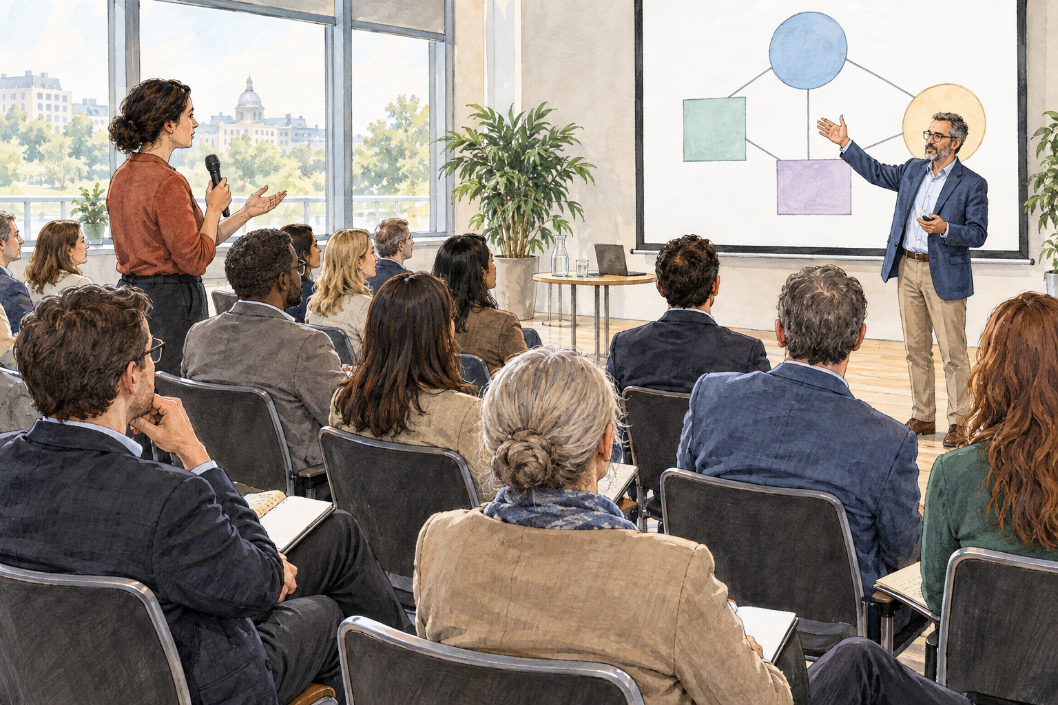 A formal conference in a bright meeting room with several rows of seated adult participants listening to a speaker who gestures at a large simple unlabeled diagram of connected shapes; a second participant asks a question.