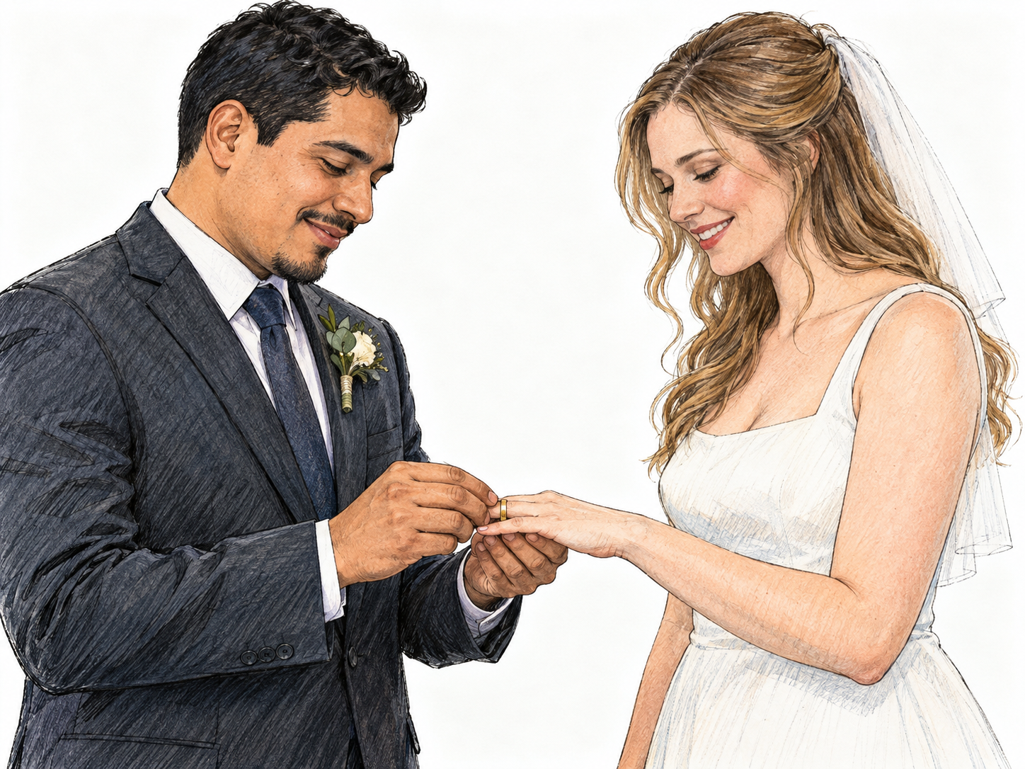 A bride and groom exchange a wedding ring, visibly enacting marriage rather than merely posing as a couple.