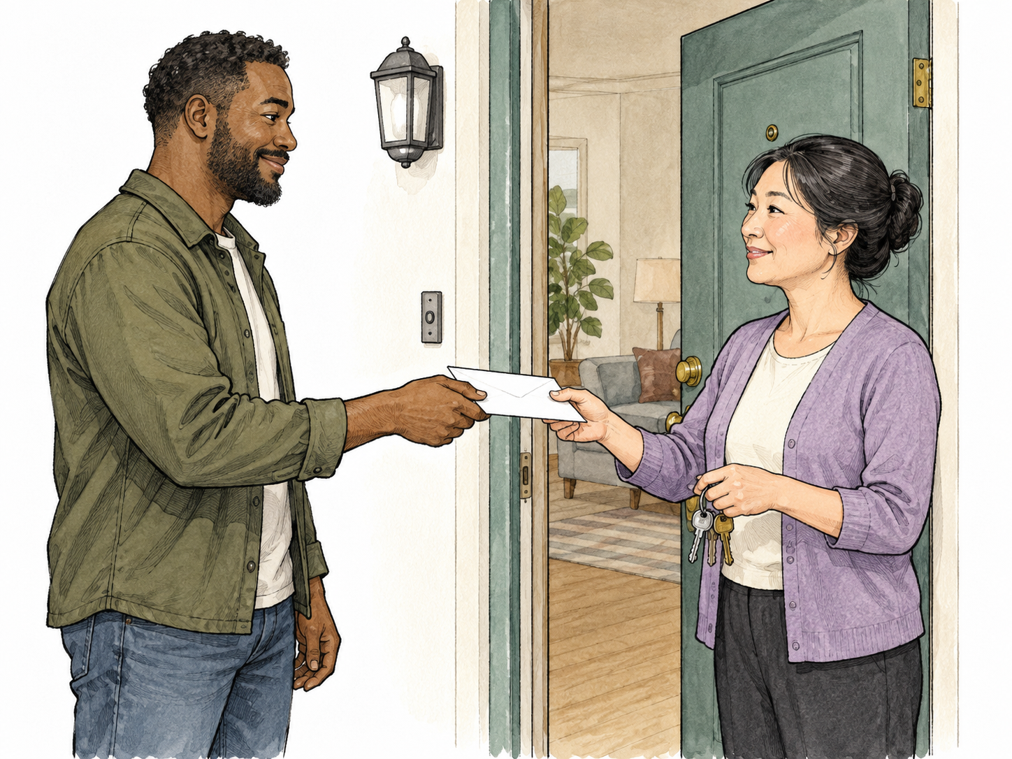 Tenant gives a plain payment envelope to landlord in exchange for continued apartment use, keys and rental doorway visible, no written amount.