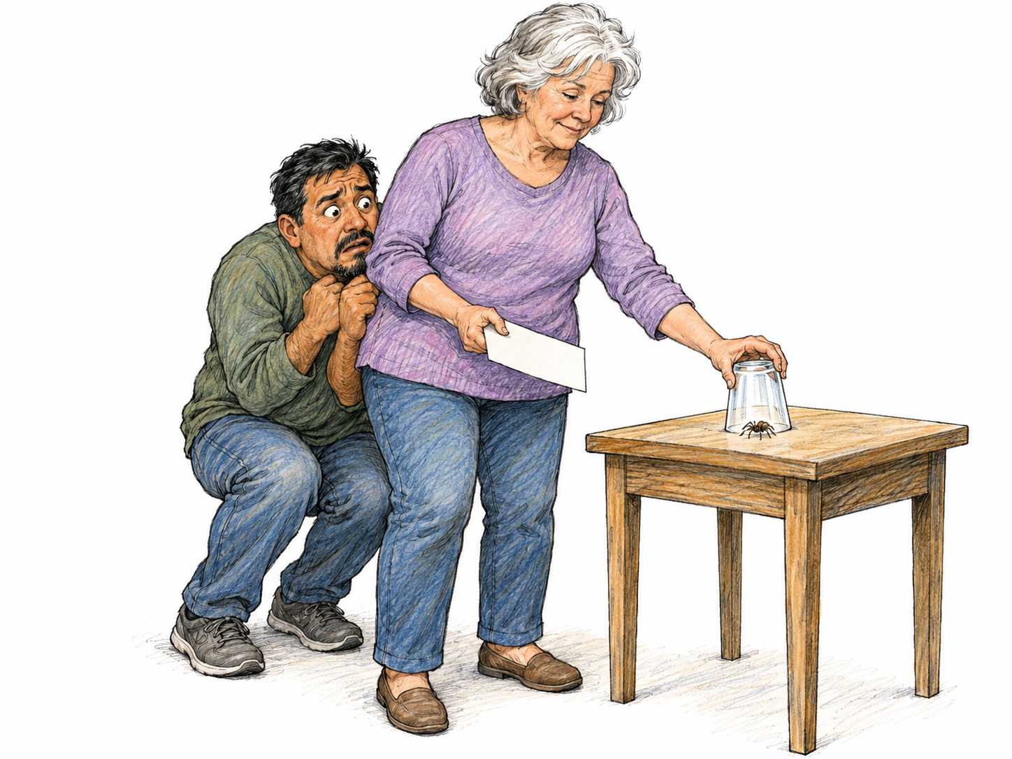 An adult man timidly shelters behind an older woman as she calmly removes a tiny household spider with a glass and card.