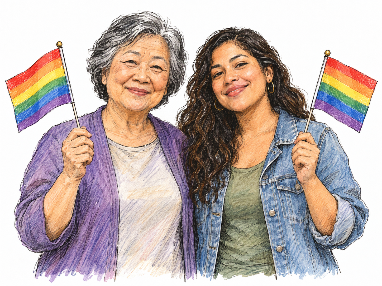 An older East Asian woman and a young adult Latina woman stand together at a small Pride gathering, each holding a small rainbow flag without lettering.