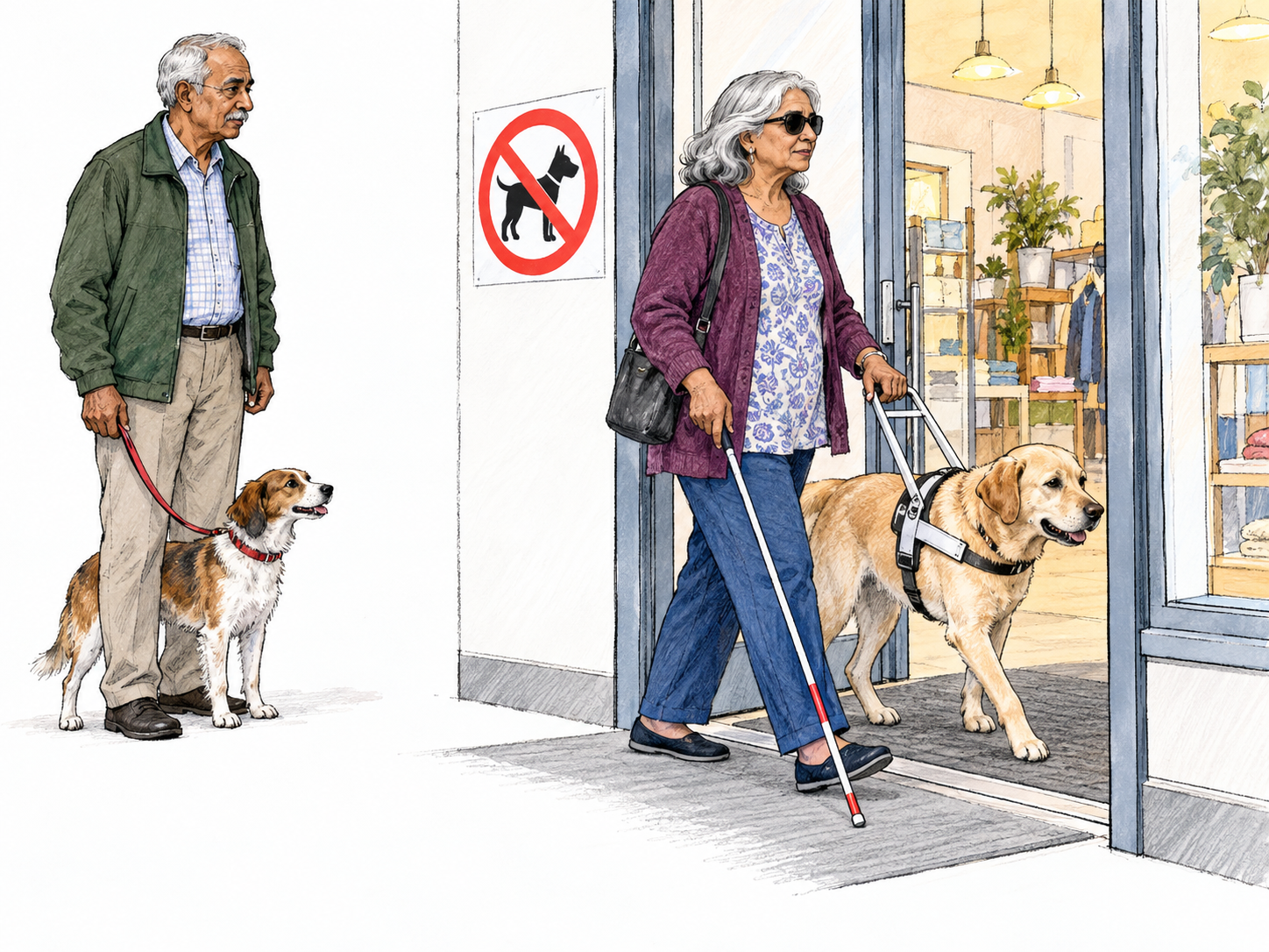 A guide dog accompanying a blind shopper is admitted through a shop entrance marked with a crossed-out dog pictogram, while an ordinary pet dog waits outside with its owner.