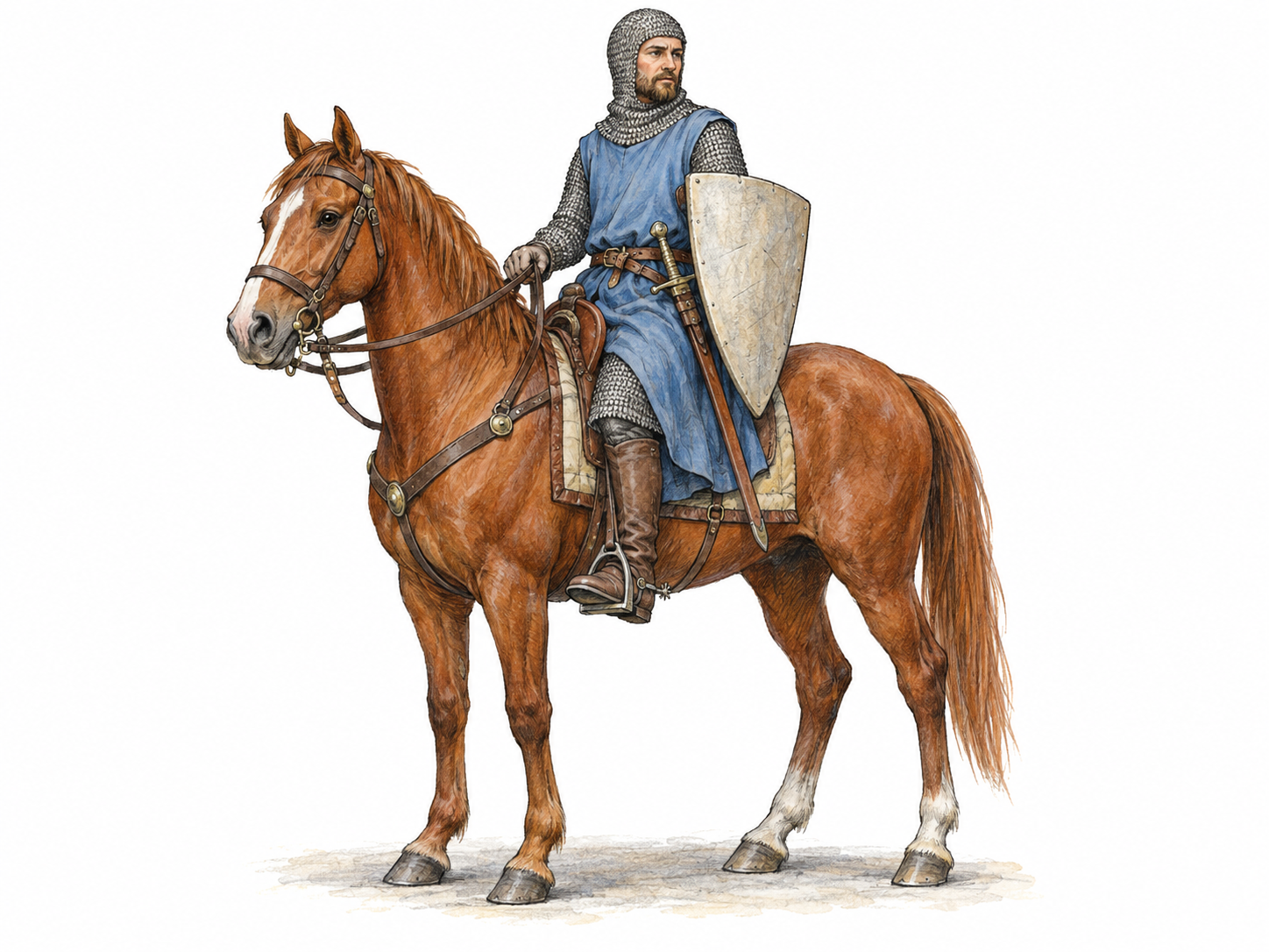 A medieval French knight seated on a horse, wearing mail armor and a surcoat, with a shield and sheathed sword.