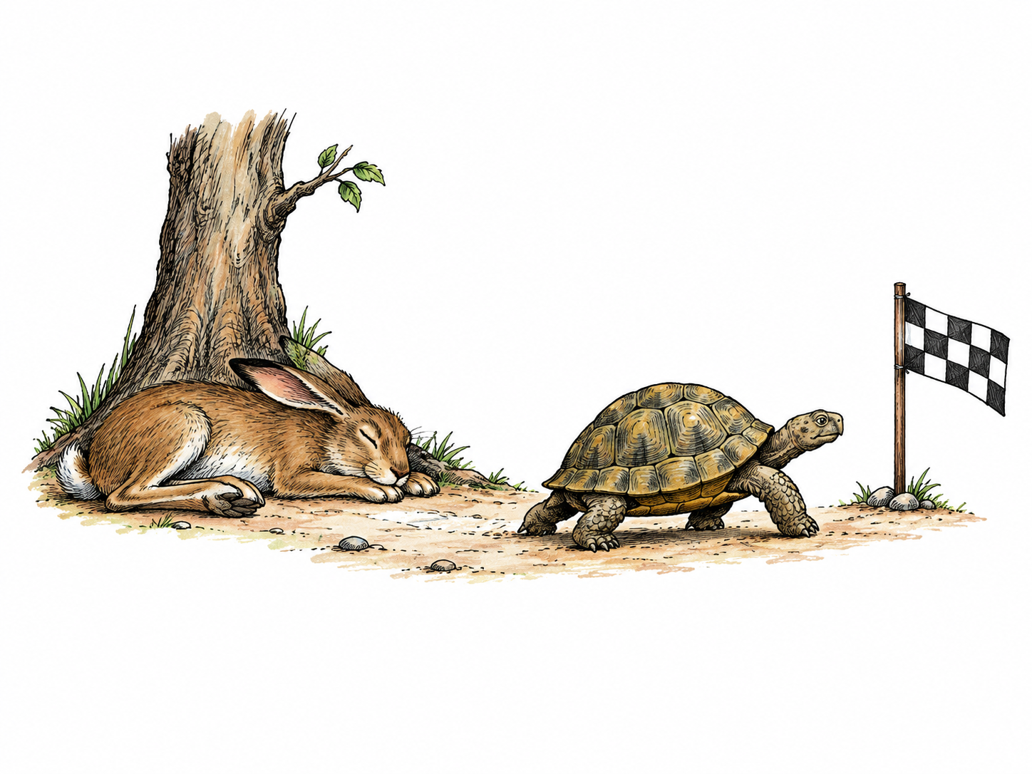 A small tortoise steadily approaches a simple finish marker while a hare sleeps beside the path; recognizable moral animal tale, natural animal anatomy and no costumes or text.
