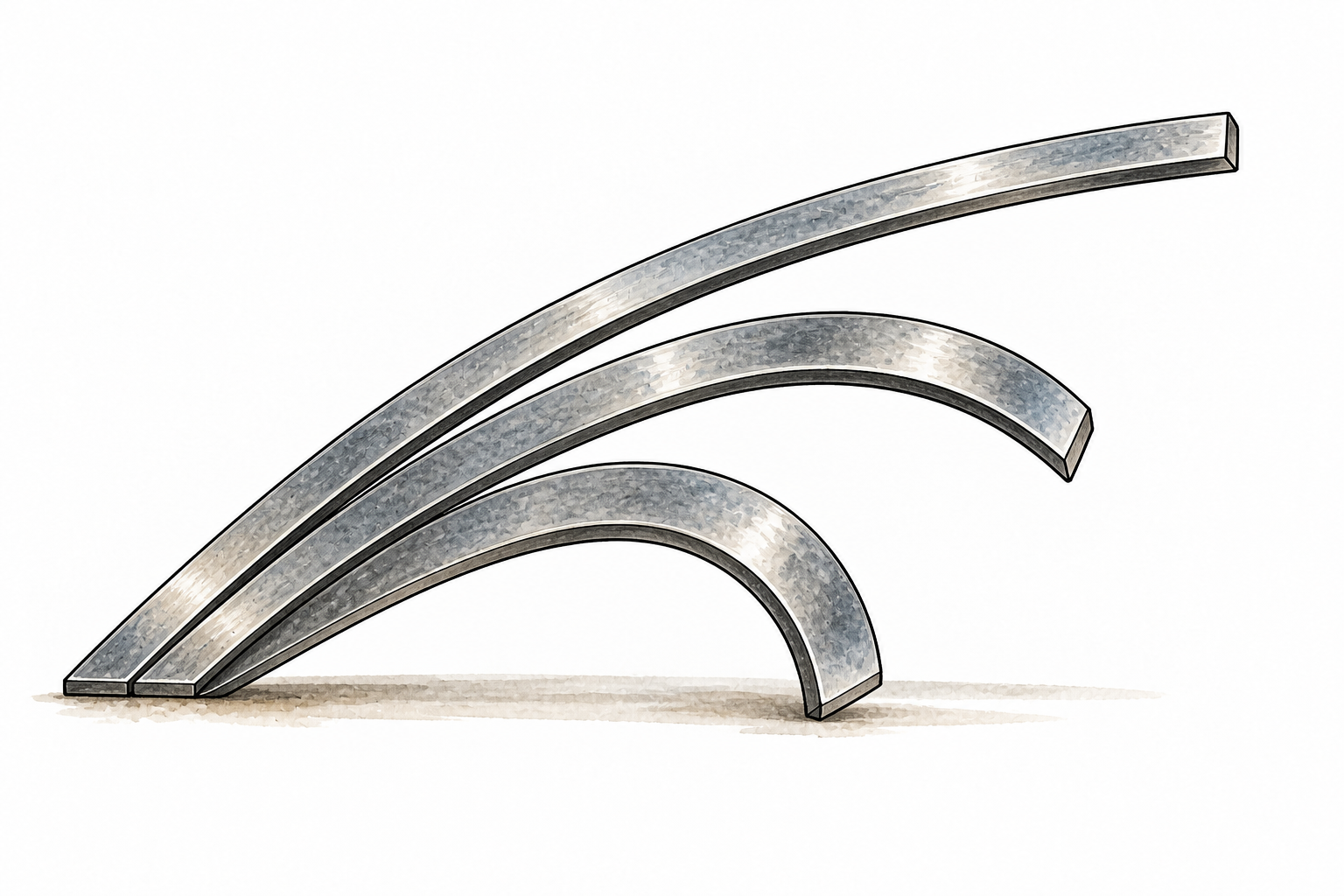 Three arcing metal strips with increasingly strong curvature, endpoints aligned.